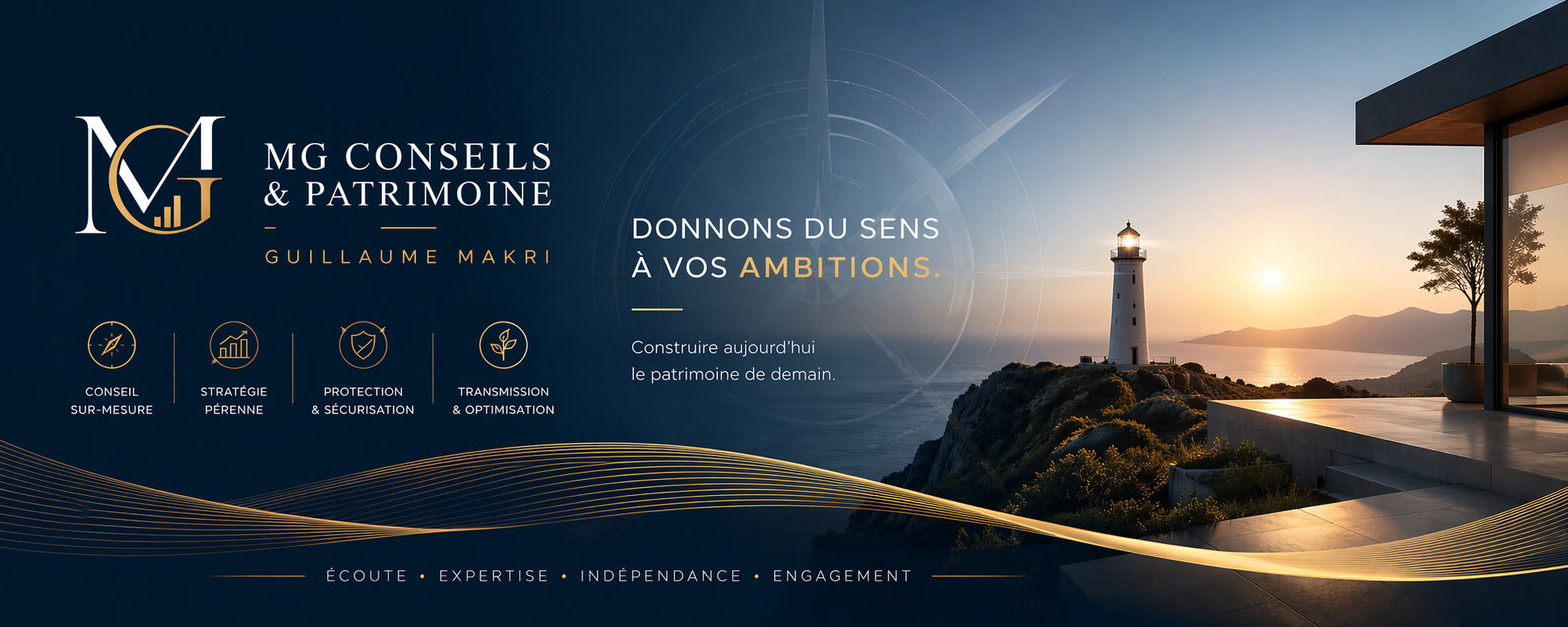 Visuel principal MG Conseils & Patrimoine avec logo, phare et coucher de soleil, illustrant l’accompagnement patrimonial sur mesure.