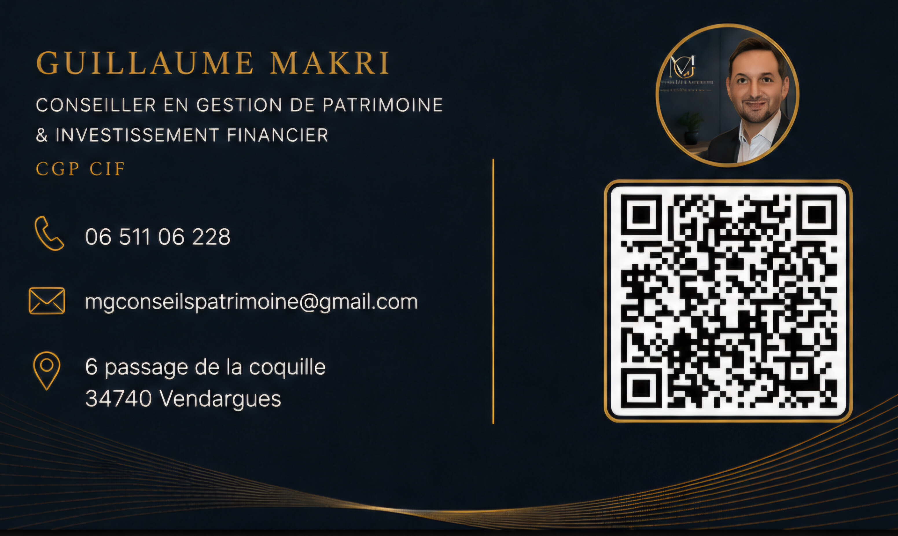 Carte de visite digitale de Guillaume Makri, conseiller en gestion de patrimoine, avec coordonnées complètes et QR code.