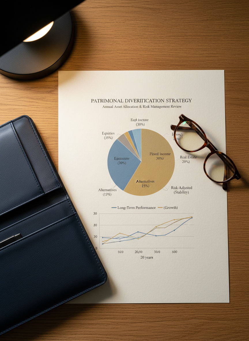 A detailed close-up of a refined asset allocation chart printed on thick, textured ivory paper, spread out beside a dark blue leather portfolio and a pair of classic reading glasses. The chart shows balanced pie segments and long-term performance curves in muted blues and golds. The setting is a polished oak meeting table with a minimalist, high-end design. Warm, indirect artificial lighting from a modern desk lamp highlights the paper’s texture and creates soft shadows around the objects. Photographic realism, shot from a top-down perspective with sharp focus, conveying precision, analytical rigor, and tailored patrimonial advisory work focused on diversification and risk management.