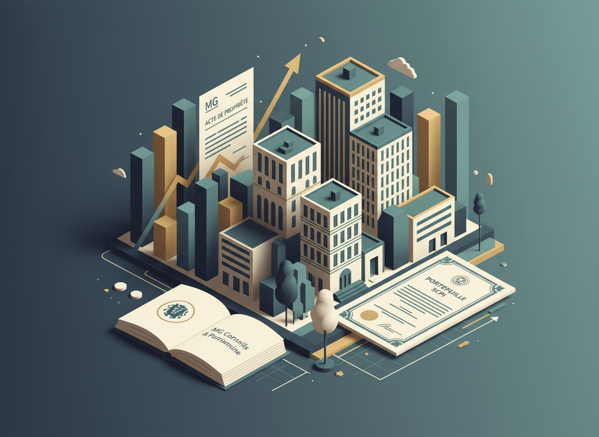 Une illustration élégante sur le thème des SCPI et de l'immobilier pierre-papier, montrant des immeubles stylisés, des graphiques financiers sobres et des documents patrimoniaux, dans un style professionnel haut de gamme, couleurs harmonisées avec l'identité visuelle de MG Conseils & Patrimoine.