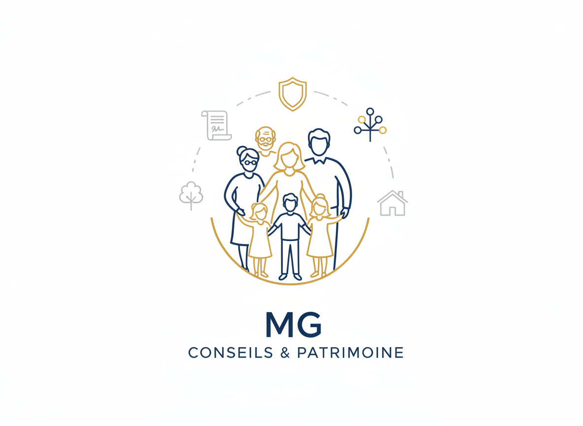Illustration élégante et professionnelle sur le thème de la donation, succession, protection du patrimoine et famille : une famille intergénérationnelle stylisée (grands-parents, parents, enfants) entourée d’icônes discrètes de documents juridiques, bouclier de protection, maison et arbre généalogique, dans un style minimaliste haut de gamme, couleurs harmonisées avec l’identité visuelle de MG Conseils & Patrimoine.