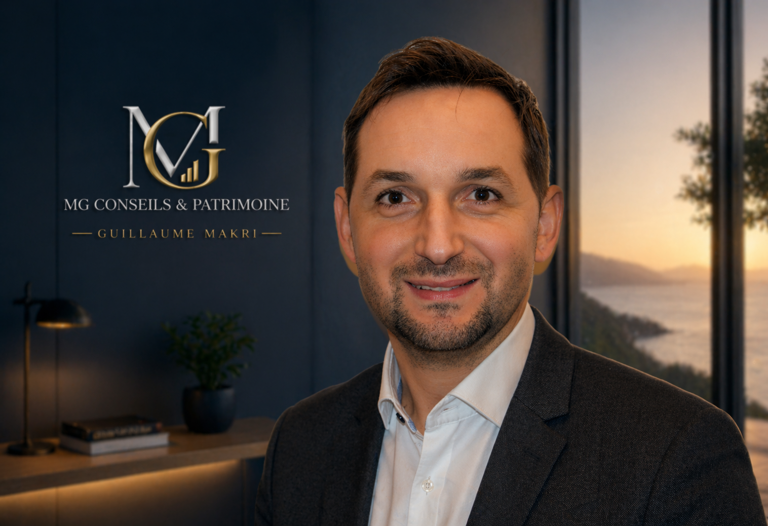 L'homme au blazer et à la chemise blanche, avec un fond bleu foncé et une vue sur la mer, est peut-être un professionnel d...