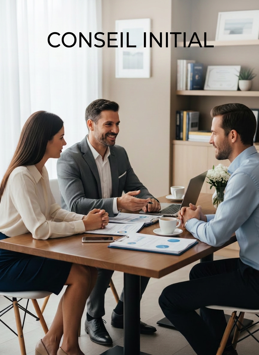 Scène chaleureuse de premier rendez-vous de conseil patrimonial : un conseiller souriant et un couple de clients discutent autour d’une table, documents et ordinateur portable posés devant eux, ambiance lumineuse et professionnelle, style photo réaliste, couleurs sobres et élégantes, cadrage vertical, inspirant confiance et écoute.