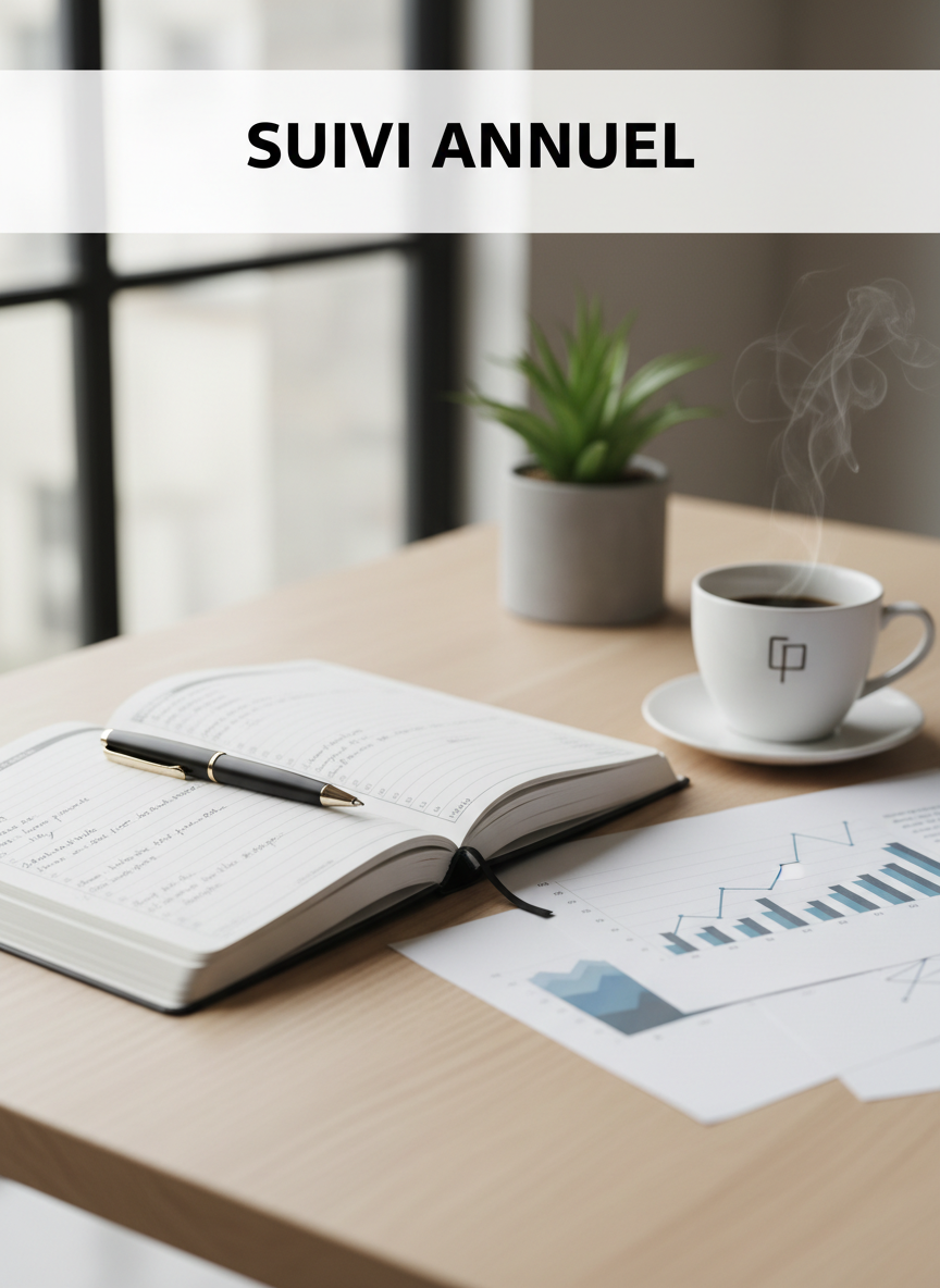 Photo verticale et élégante évoquant un suivi annuel patrimonial : agenda ouvert, stylo, graphiques financiers discrets et une tasse de café sur un bureau épuré dans un style professionnel. Ajouter en haut de l’image le texte "SUIVI ANNUEL" en lettres noires, typographie sobre et lisible.